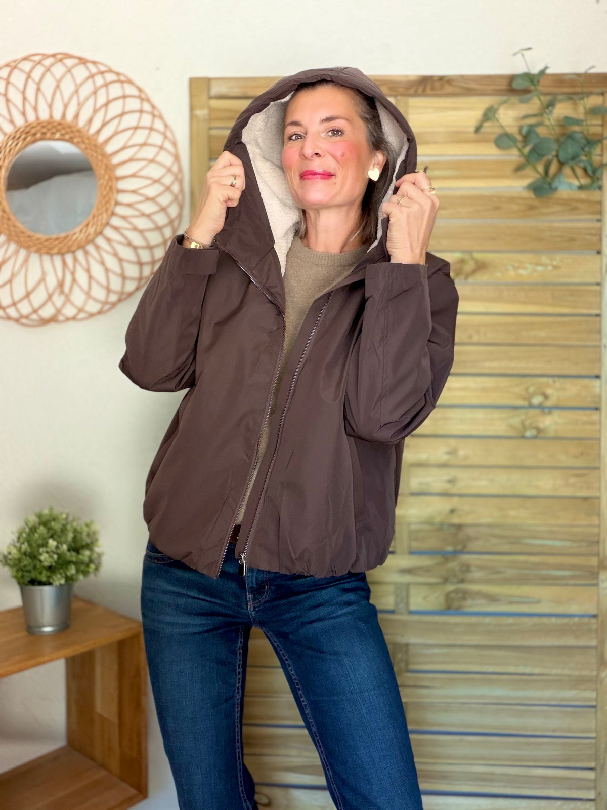 LAURA JO - Imperméable fourré sherpa EVA court - Chocolat