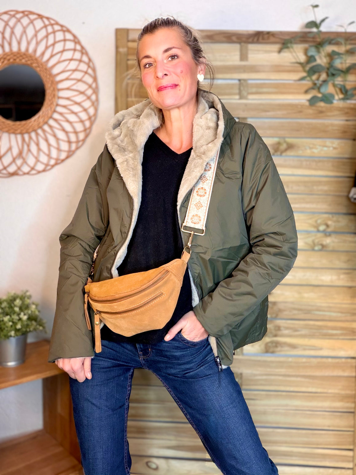 LAURA JO - Parka Imperméable réversible fourrée Kaki / Beige ALIX Court