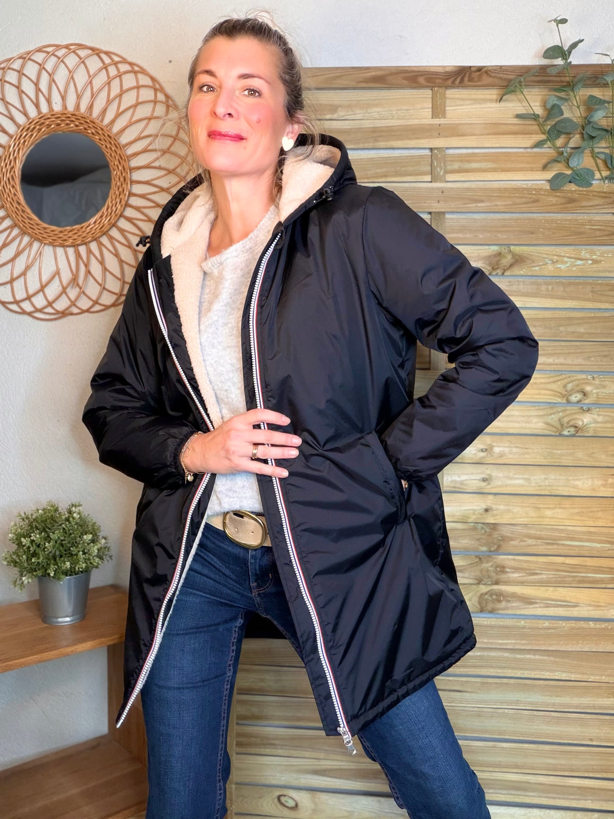 LAURA JO - Parka Imperméable LOUISE LONG Sherpa écru - Noir • DÉSTOCKAGE sur Taille L