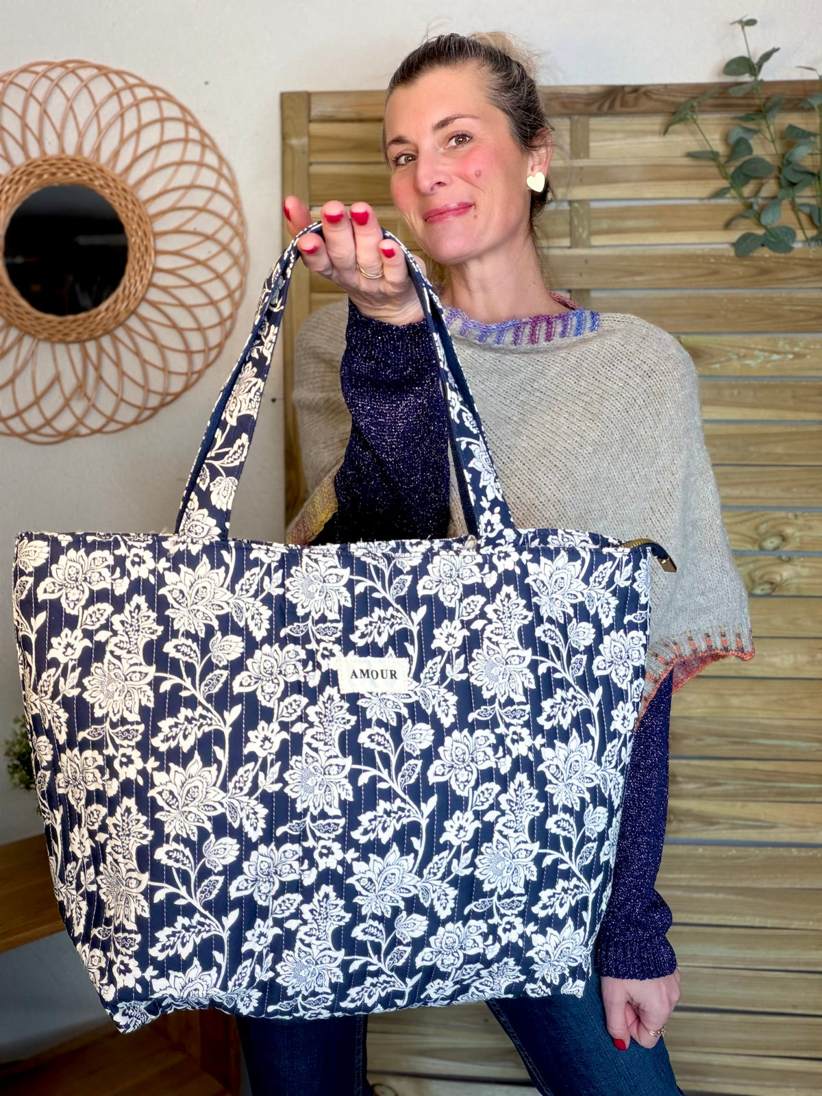 Sac cabas imprimé PIERCE - fleuri marine - FIN DE SÉRIE