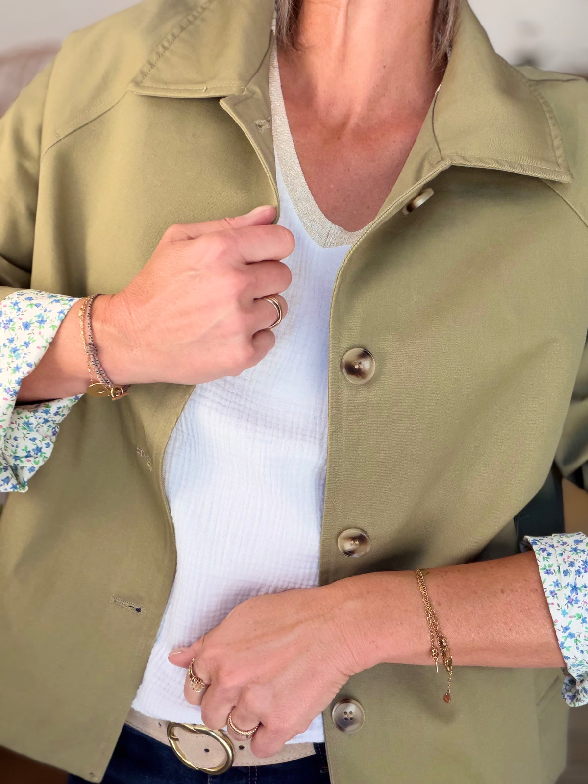 Veste Trench en coton avec Liberty - JOHAN Kaki clair - FIN DE SÉRIE