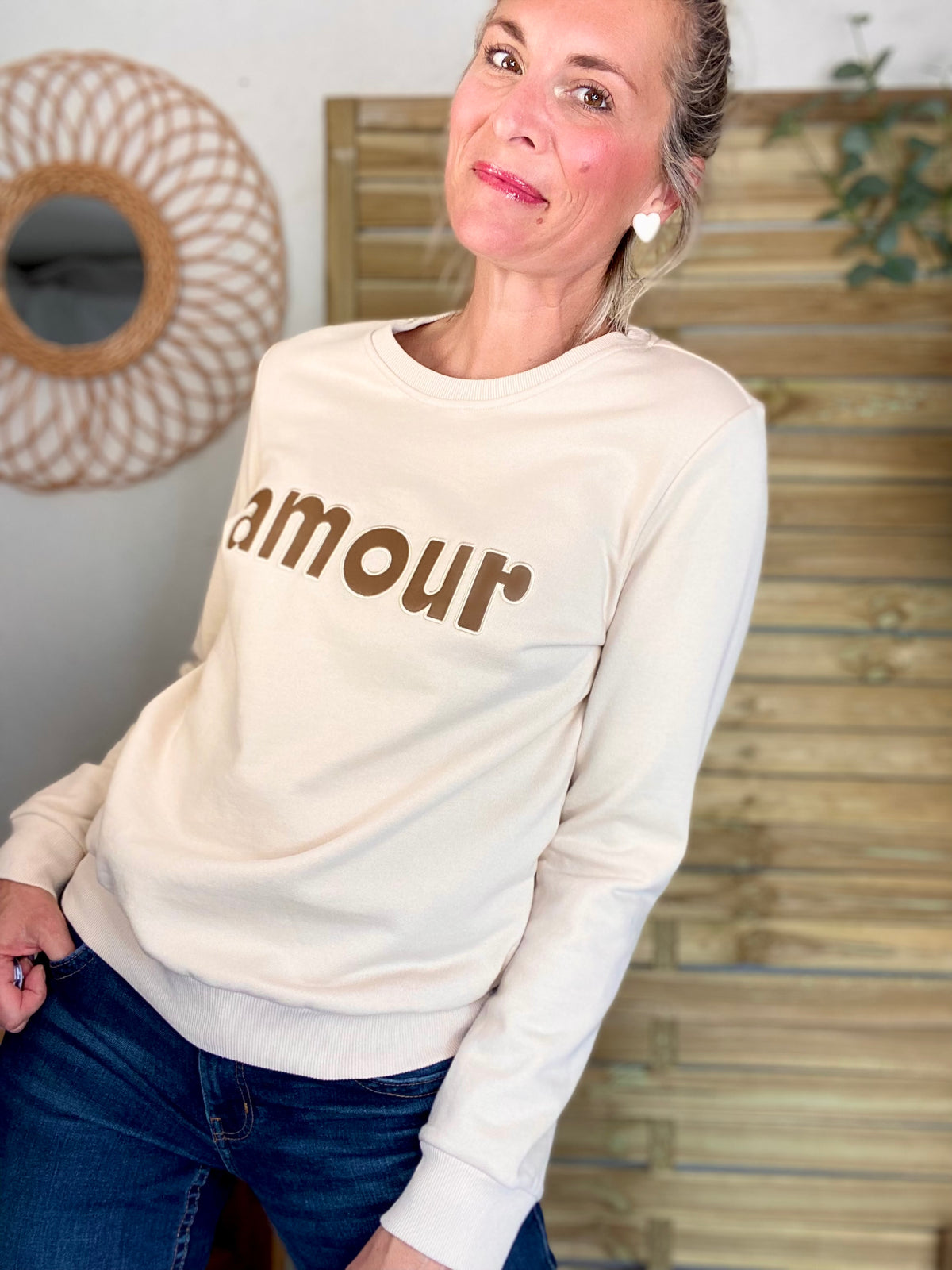 Sweat amour en coton GABRIELLE - Beige et Taupe - FIN DE SÉRIE