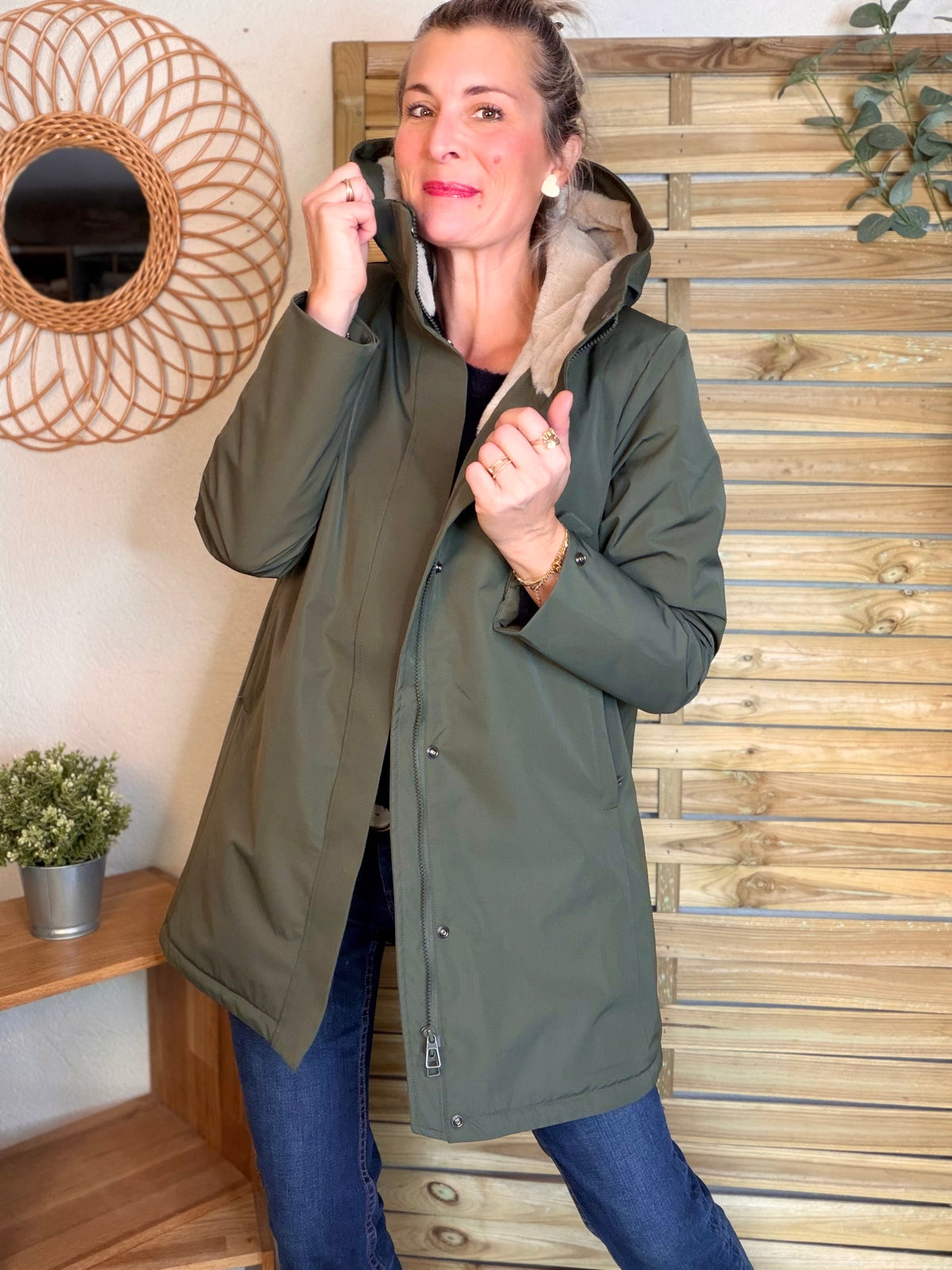 LAURA JO - Parka fourrée imperméable AMBRE LONG - Kaki / Beige