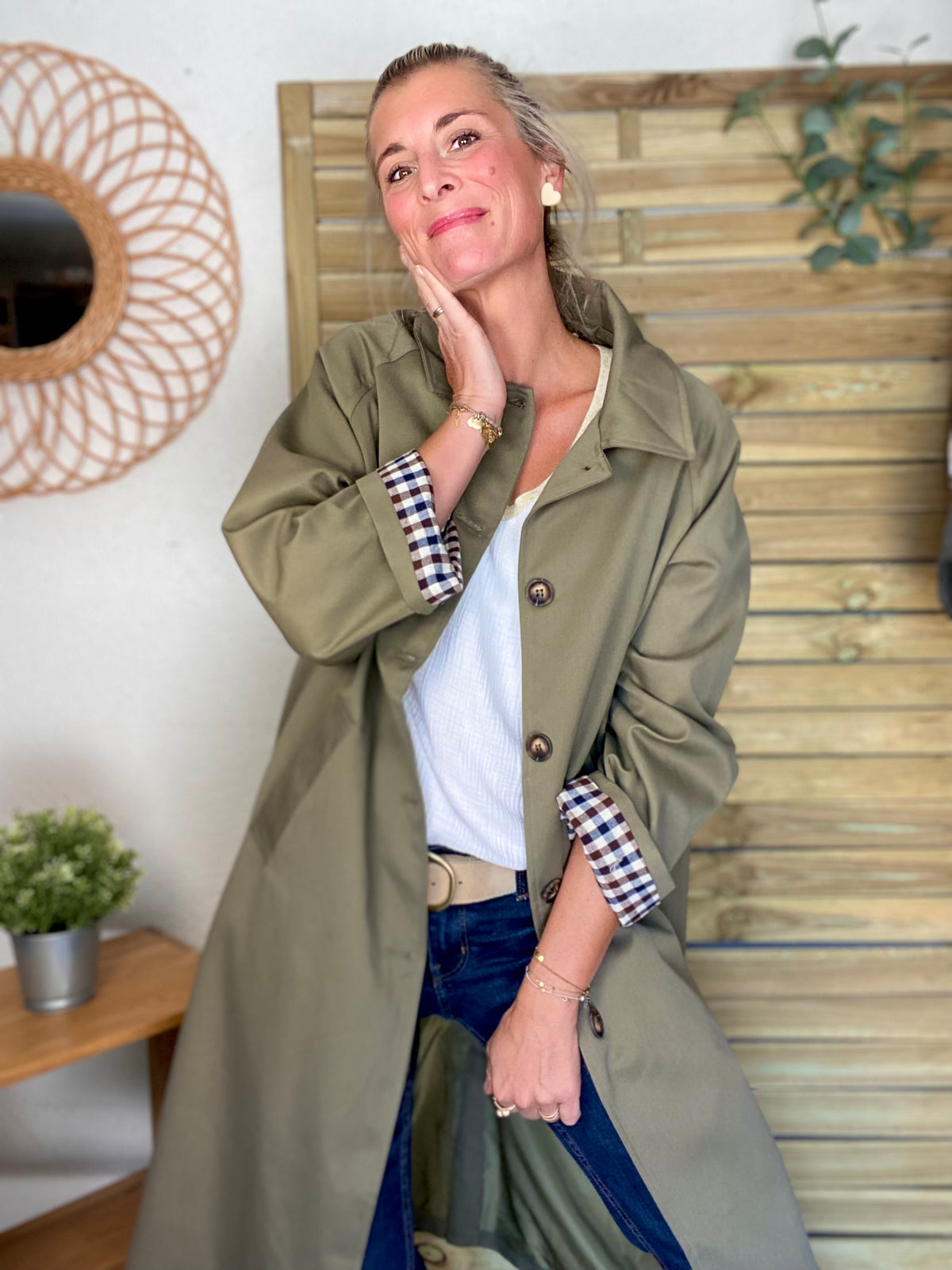 Veste Trench en coton, revers carreaux - YSEULT long Kaki