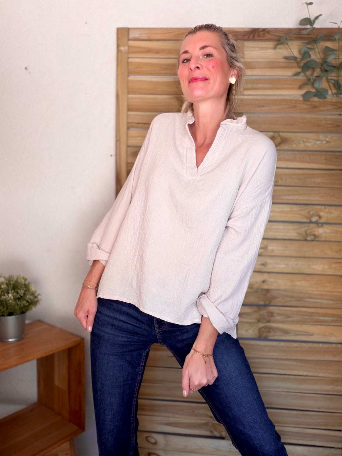 Blouse en gaze de coton SIERRA Beige • FIN DE SÉRIE