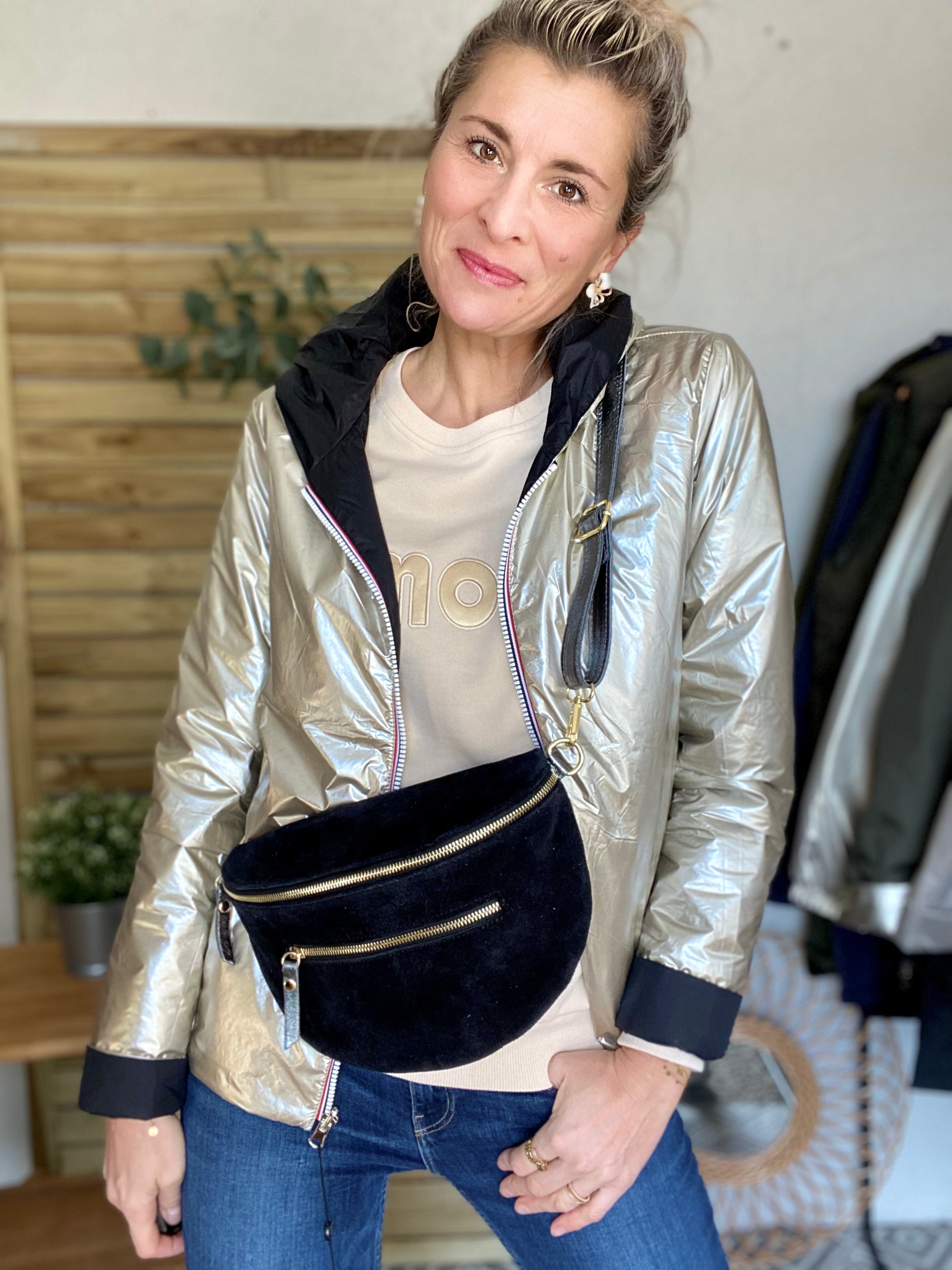 Sac banane XL 2 zips en cuir velours et irisé 30cm TERRY - Noir