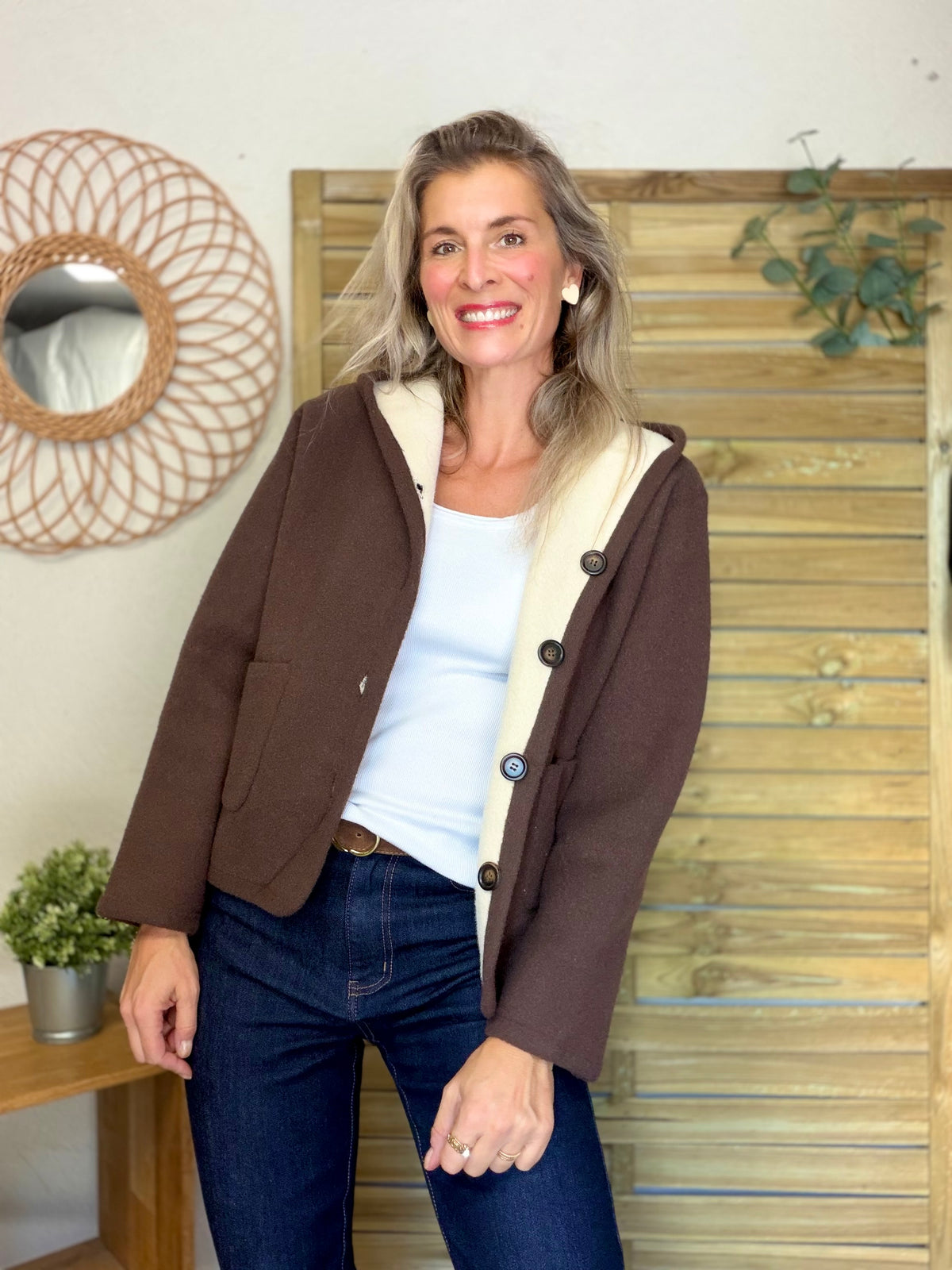 Veste / Gilet chaud réversible avec capuche ORIANE Choco / Beige