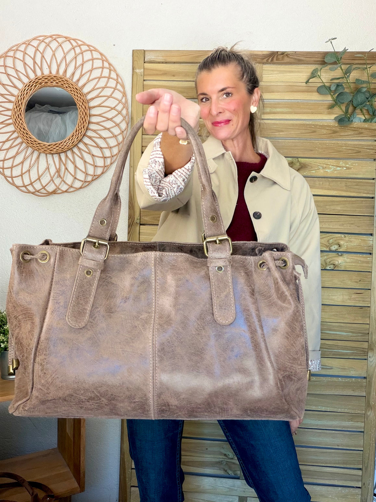Sac cabas XL en cuir vieilli • COOPER Taupe
