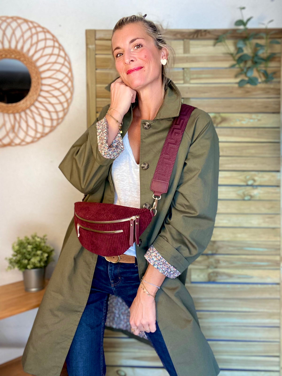 Veste Trench en coton kaki avec Liberty - MAHAUT MI LONG - LILI et LALA • DÉSTOCKAGE sur Taille S