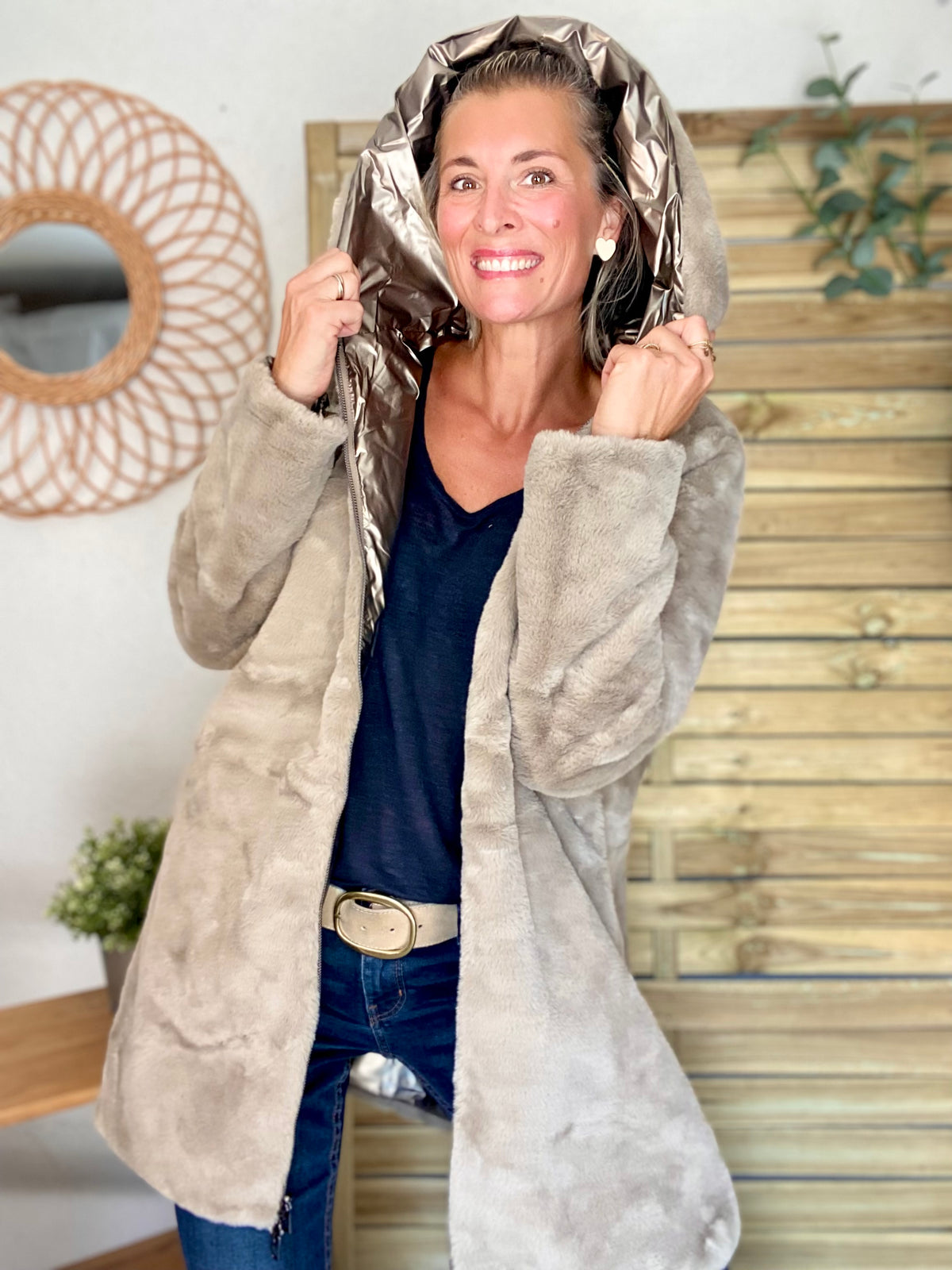 LAURA JO - Parka Imperméable réversible fourrée Bronze / Beige ALIX Long