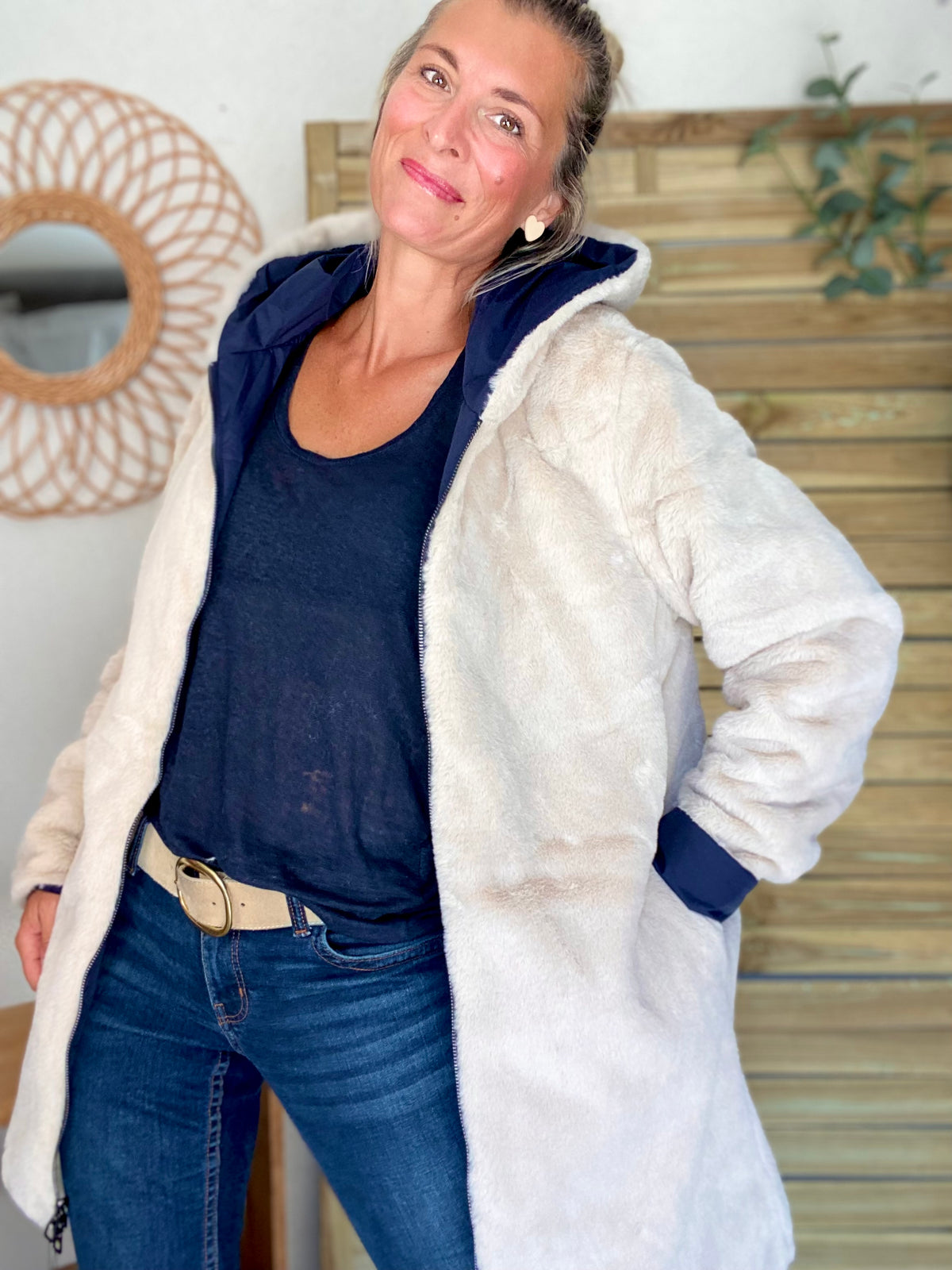 LAURA JO - Parka Imperméable réversible fourrée Bleu marine / Beige ALIX Long