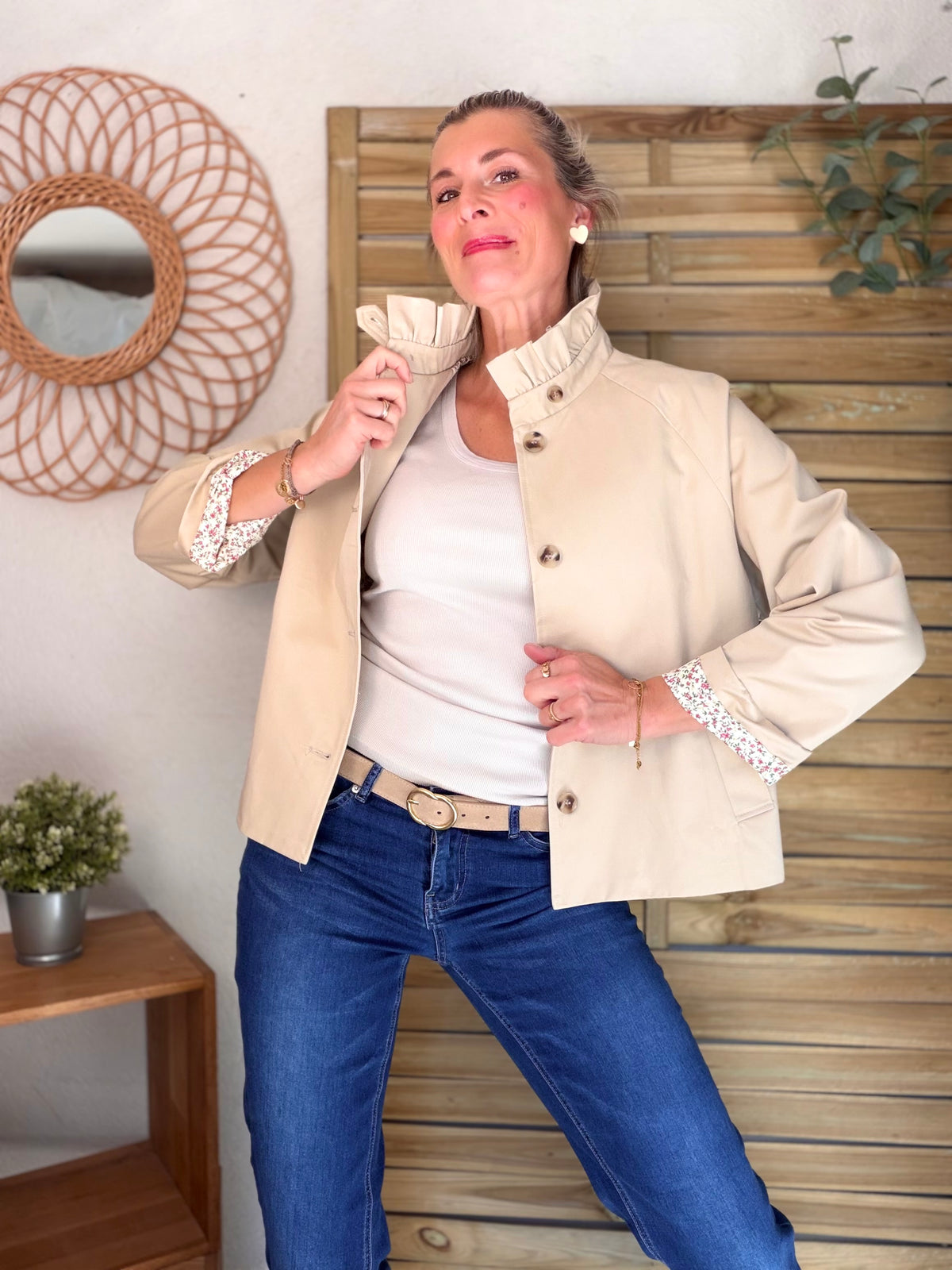 Veste Trench col victorien avec Liberty rose - VICTORIA Beige - FIN DE SÉRIE