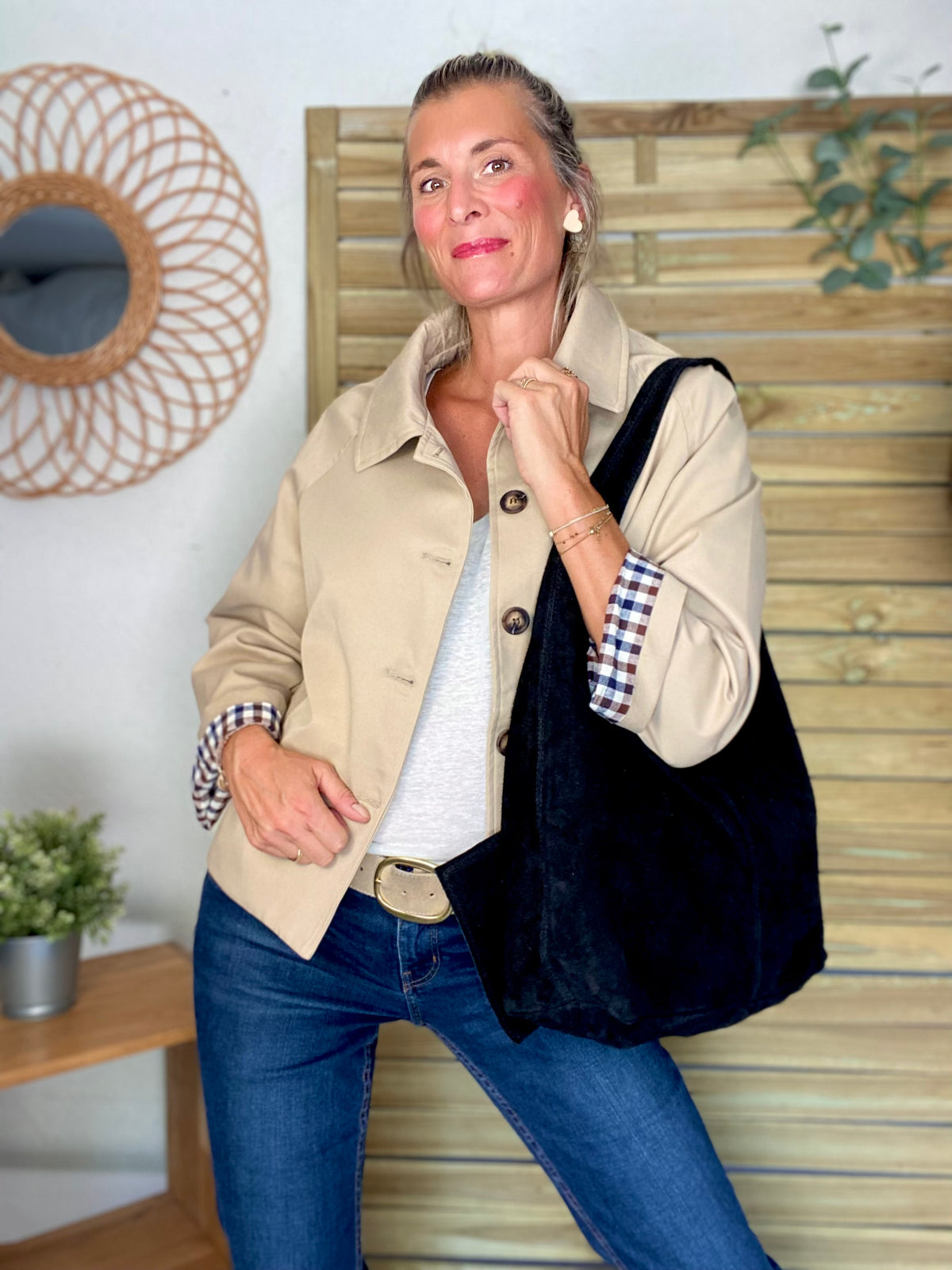 Veste Trench en coton, revers carreaux - YSEULT court Beige