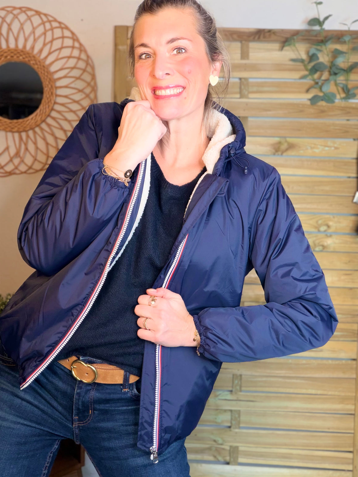 LAURA JO - Parka Imperméable LOUISE COURT sherpa - Bleu marine • DÉSTOCKAGE Taille L