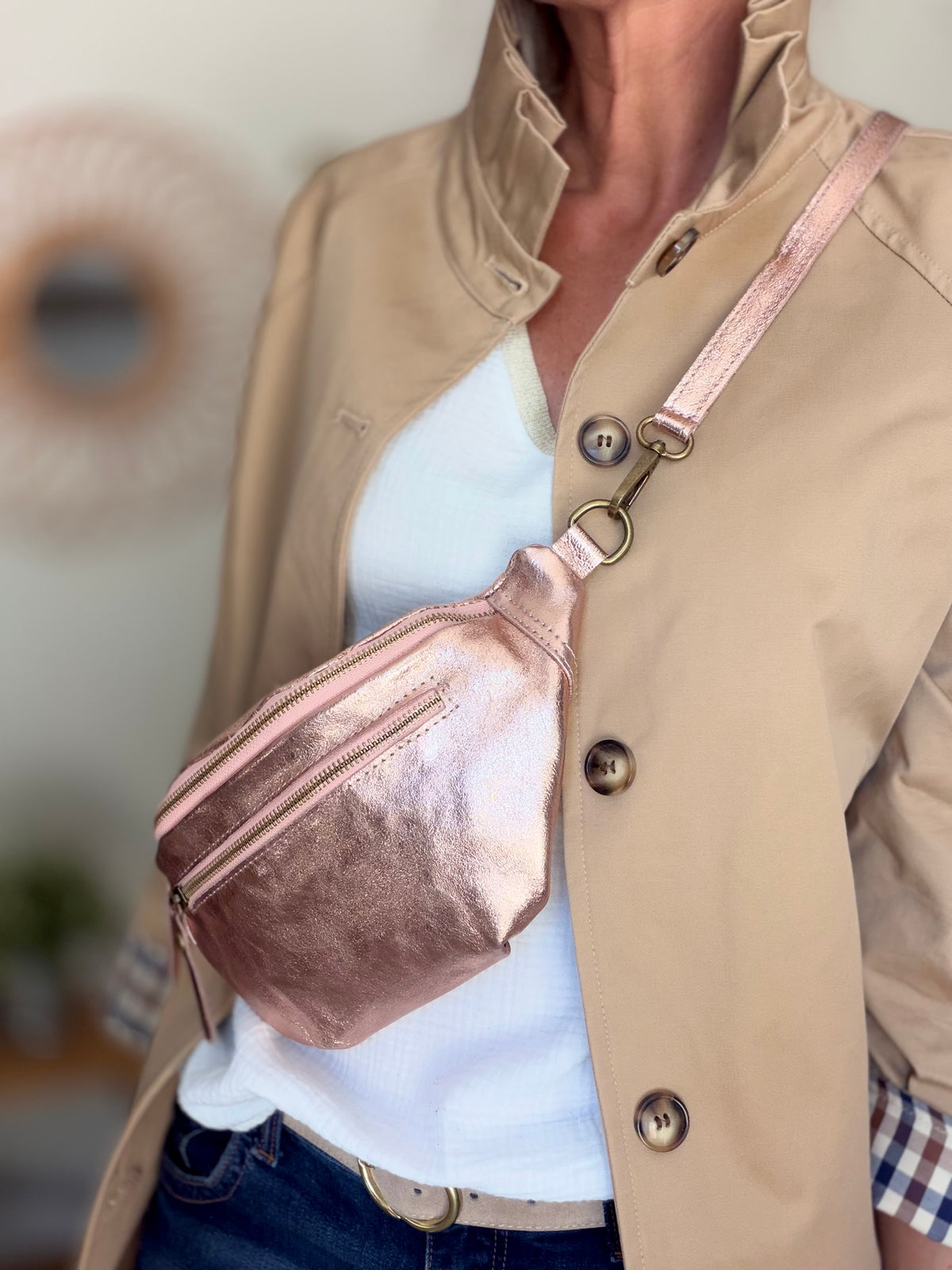 Sac banane en cuir irisé double poche - OPALE Rose gold / Laiton