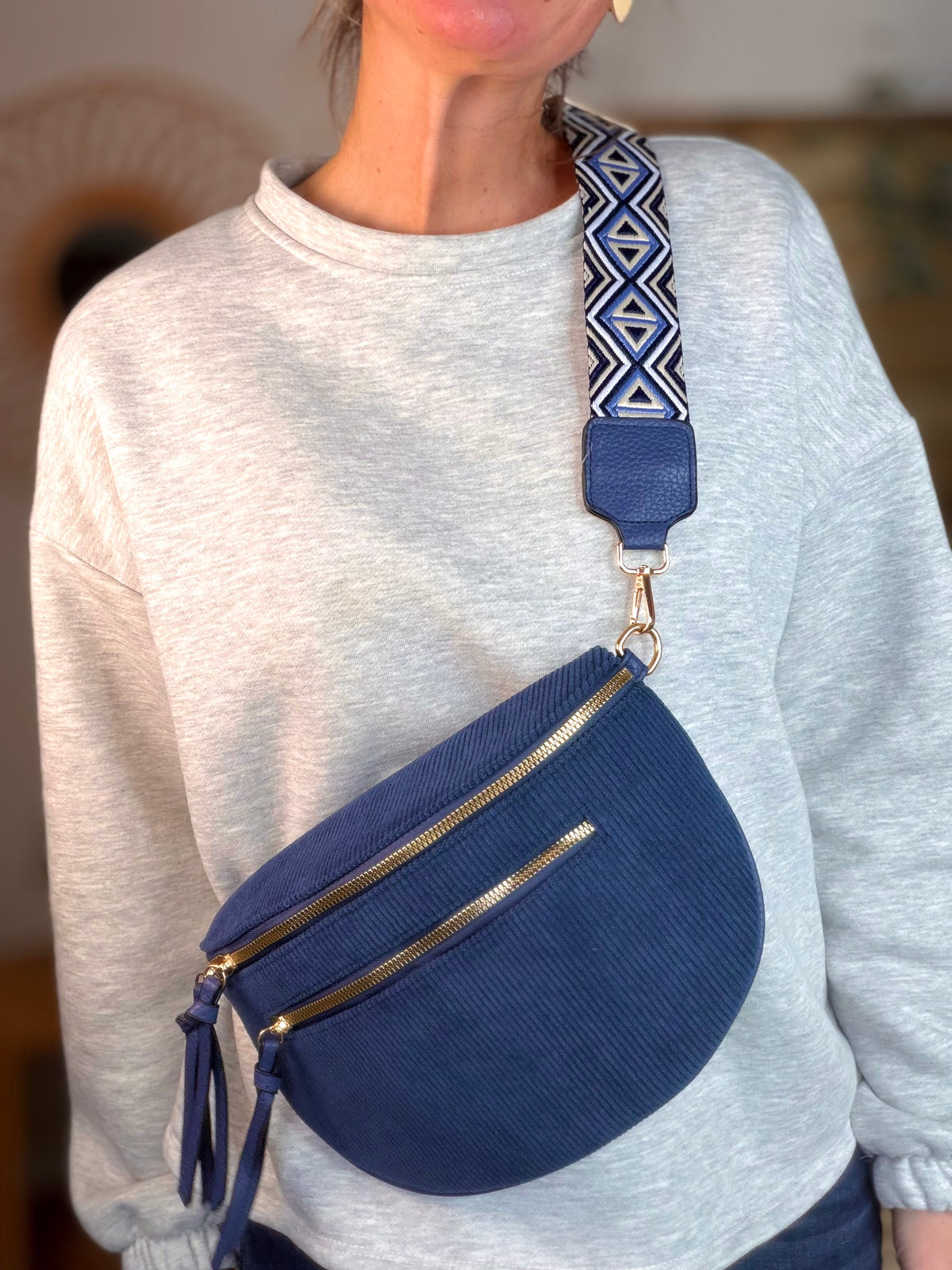 Sac banane en velours côtelé, sangle fantaisie - KATY - Bleu marine - FIN DE SÉRIE