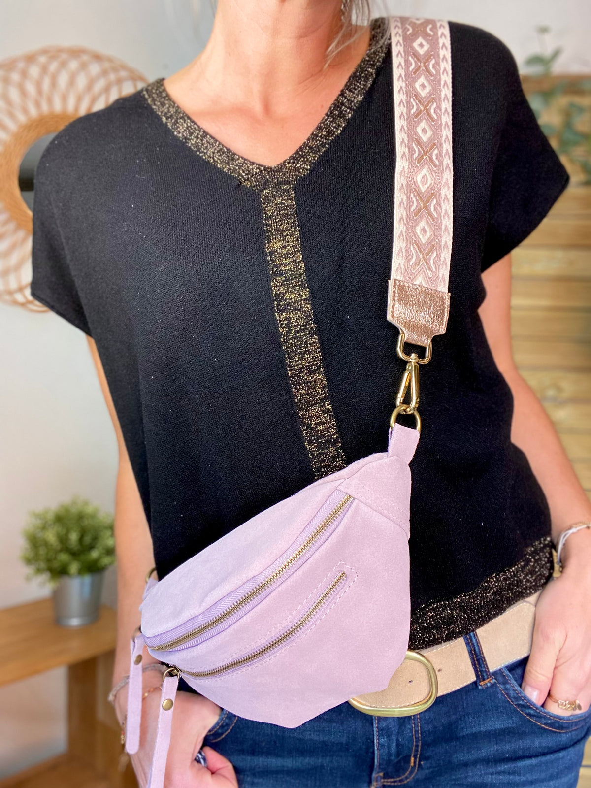 Sac banane double poche en cuir daim - OPALINE - Lilas