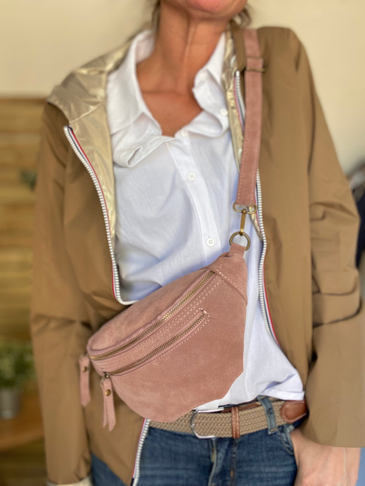 Sac banane double poche en cuir daim - OPALINE - Rose clair / Vieux rose