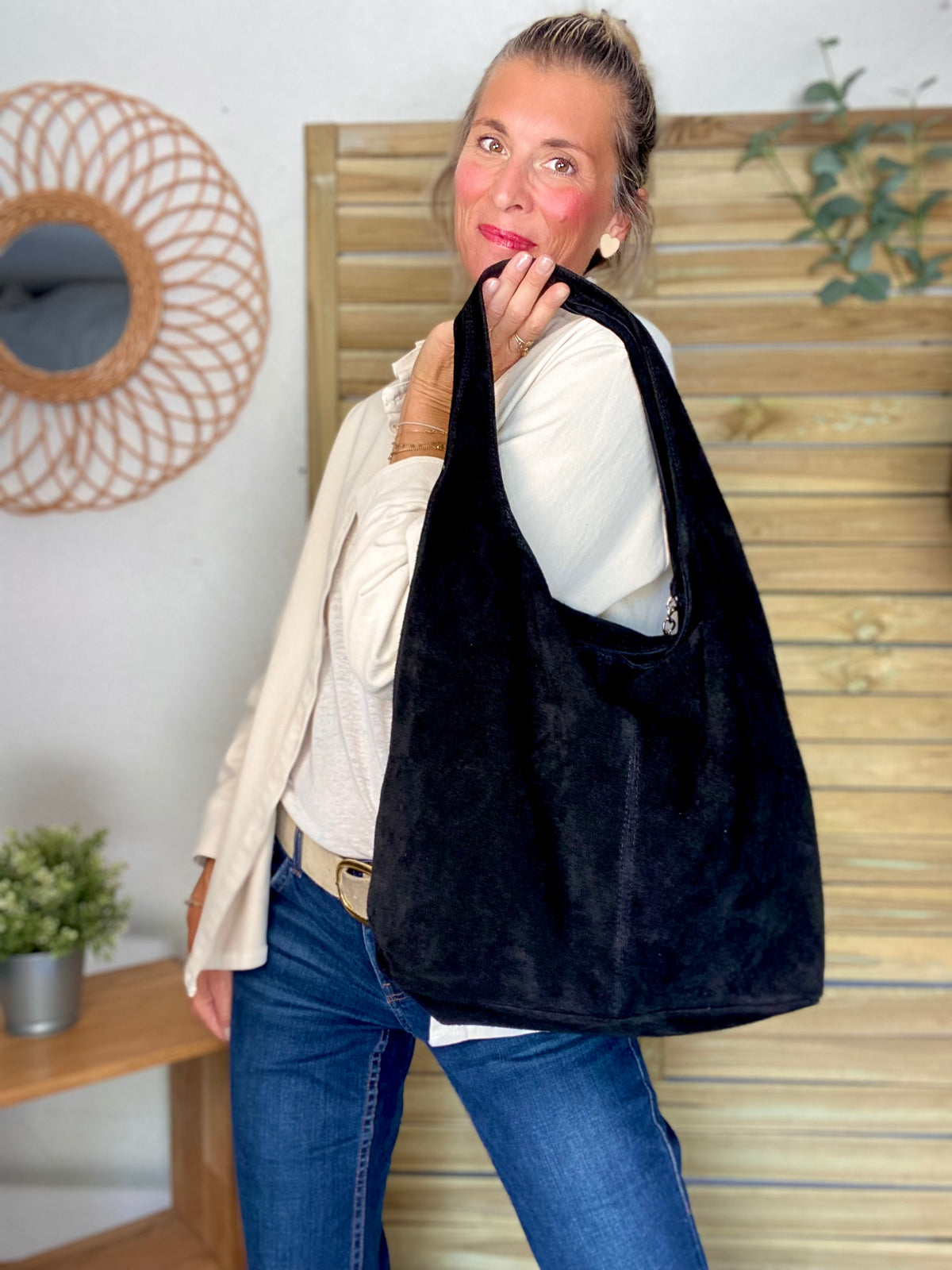 Sac cabas hobo cuir daim MARLON - Noir