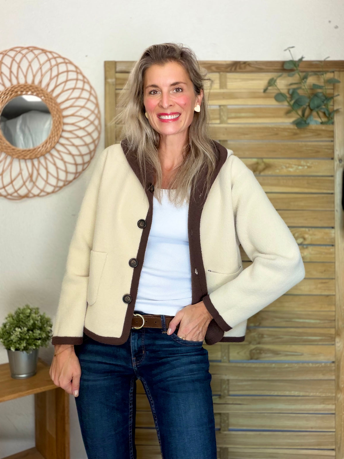 Veste / Gilet chaud réversible avec capuche ORIANE Choco / Beige