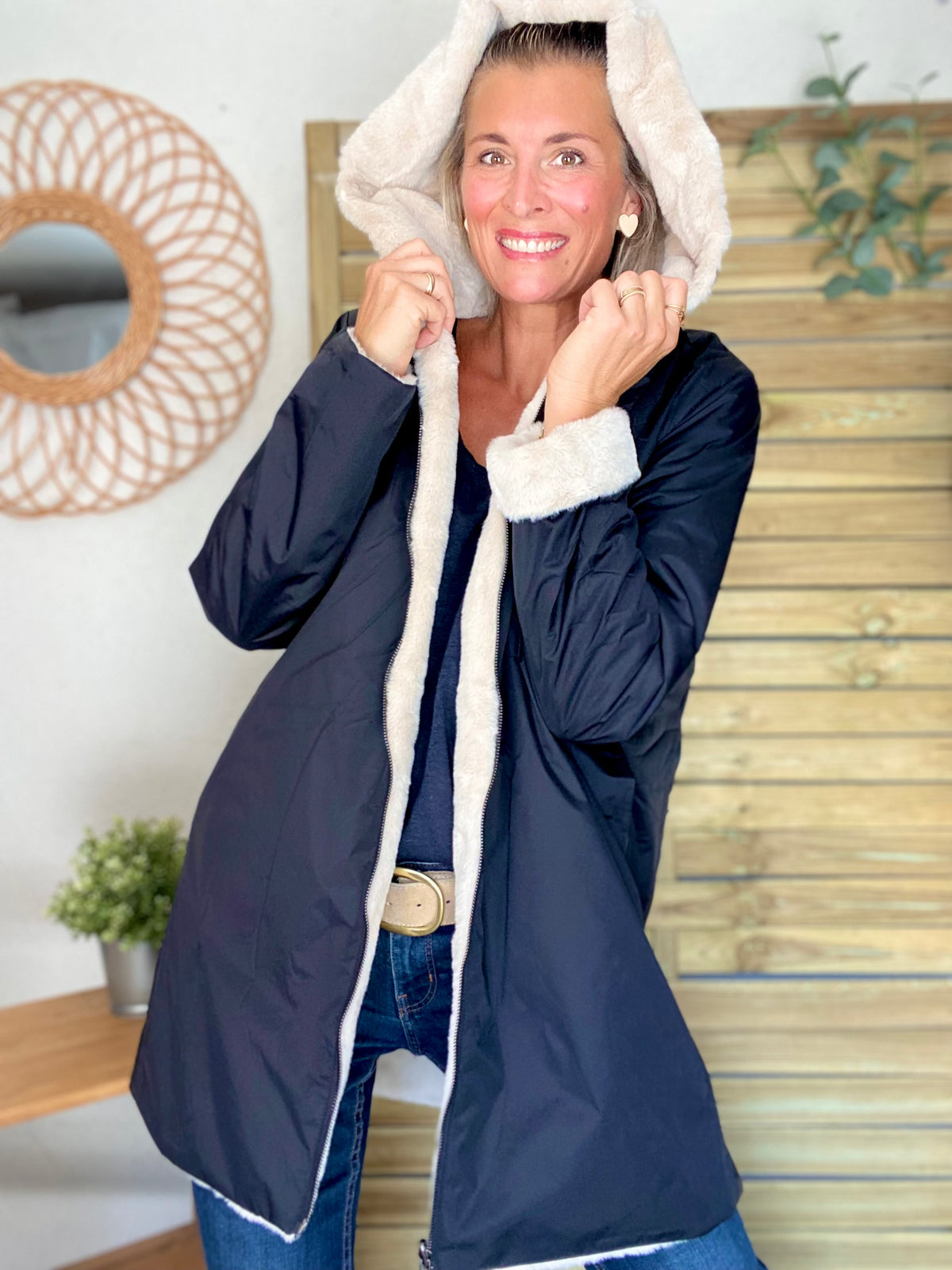 LAURA JO - Parka Imperméable réversible fourrée Noir / Beige ALIX long