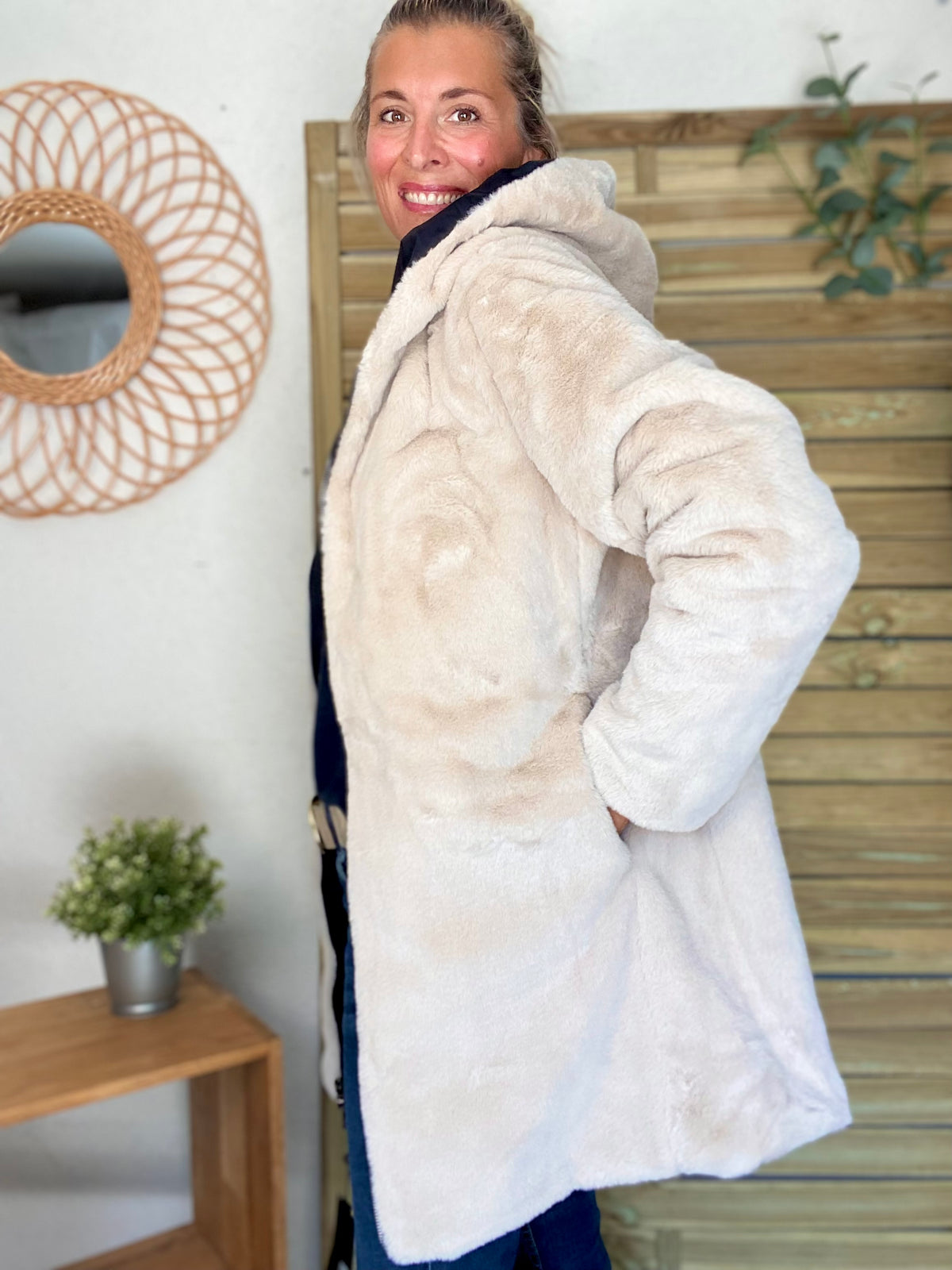 LAURA JO - Parka Imperméable réversible fourrée Noir / Beige ALIX long