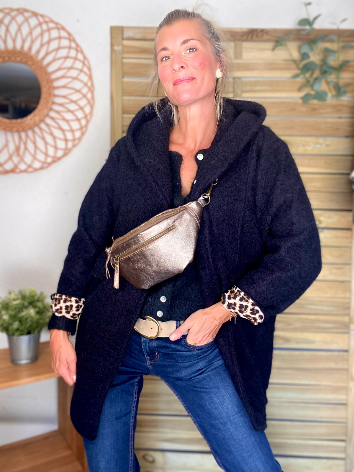 Sac banane en cuir irisé double poche - OPALE - Bronze / Laiton