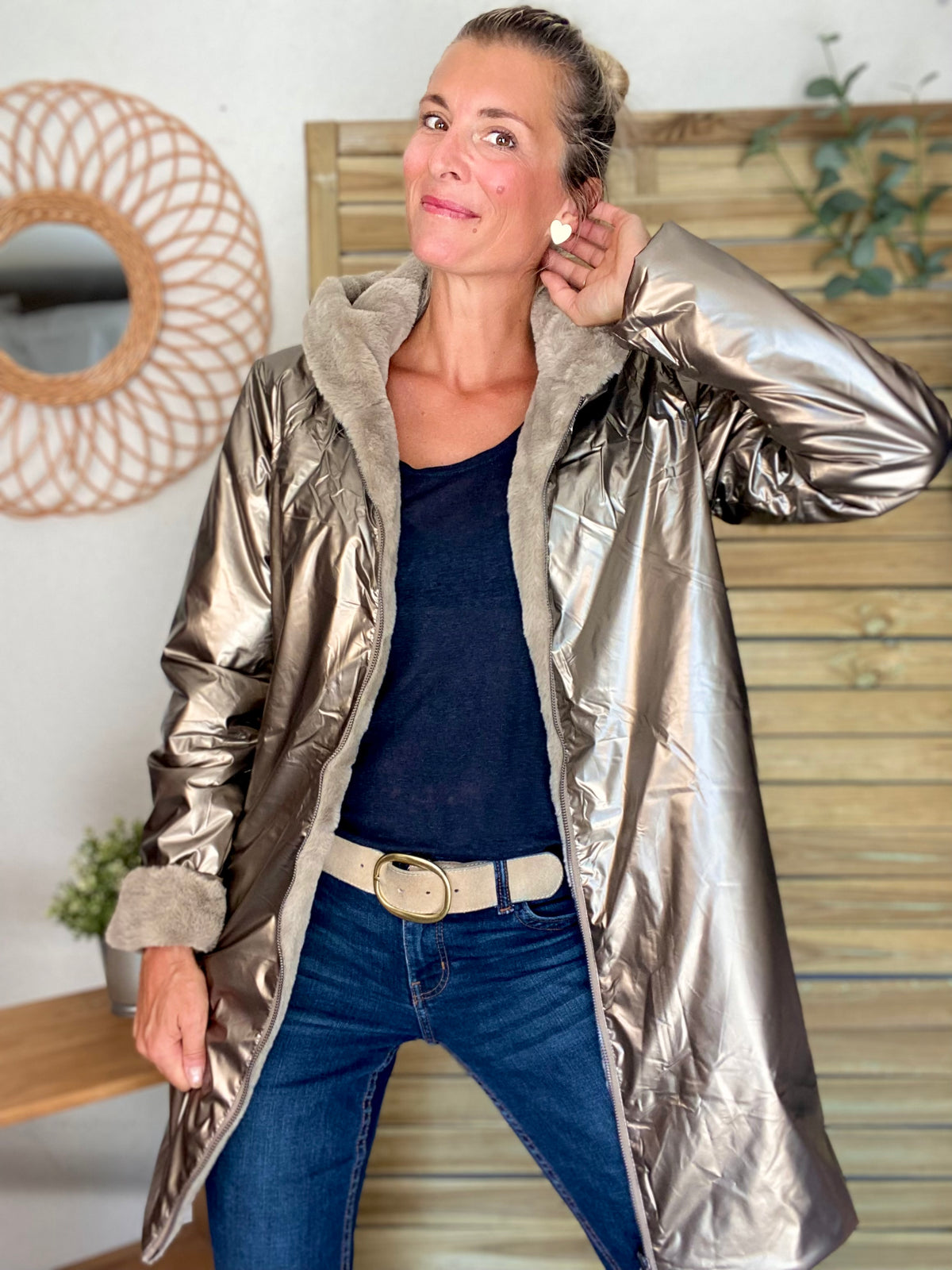 LAURA JO - Parka Imperméable réversible fourrée Bronze / Beige ALIX Long