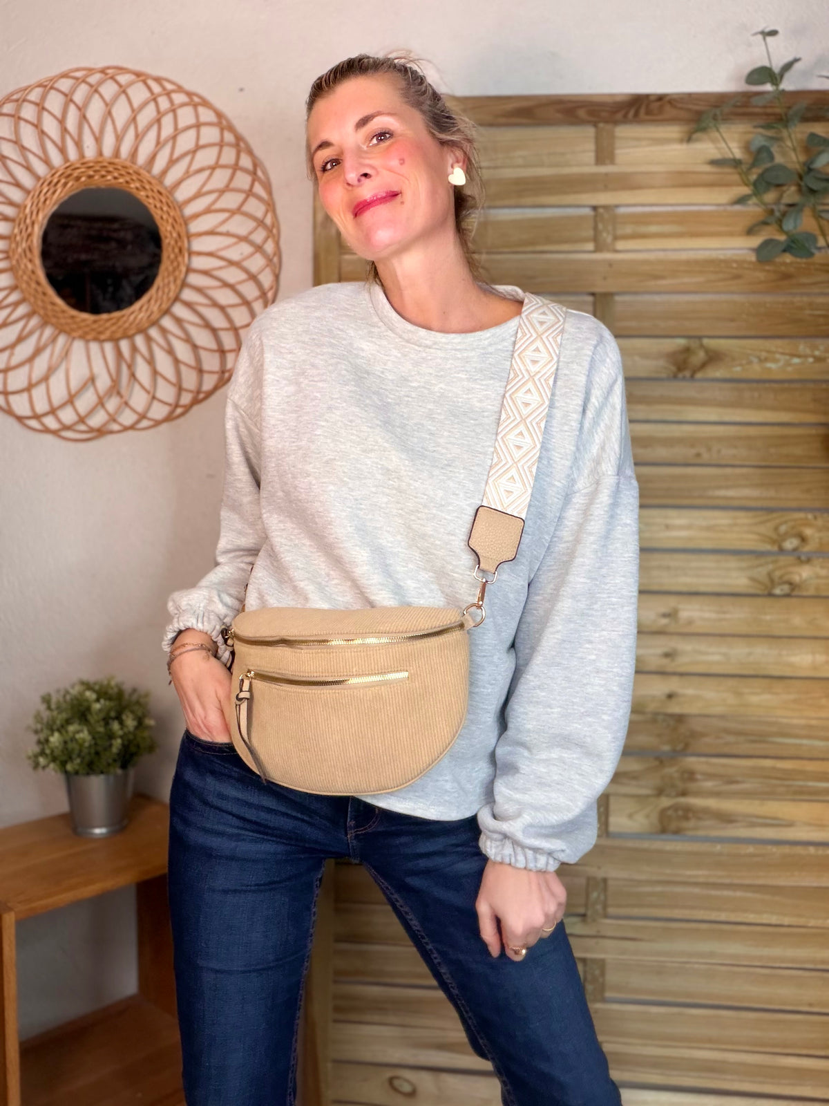 Sac banane en velours côtelé, sangle fantaisie - KATY - Camel clair - FIN DE SÉRIE