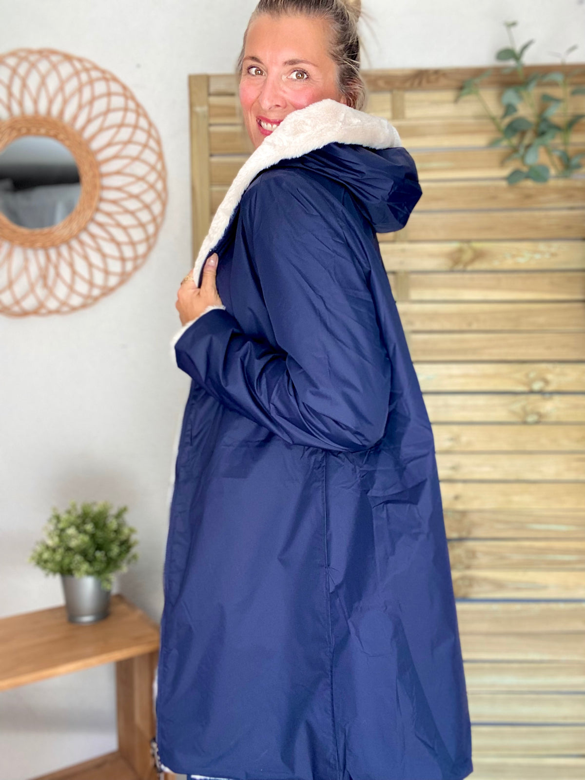 LAURA JO - Parka Imperméable réversible fourrée Bleu marine / Beige ALIX Long