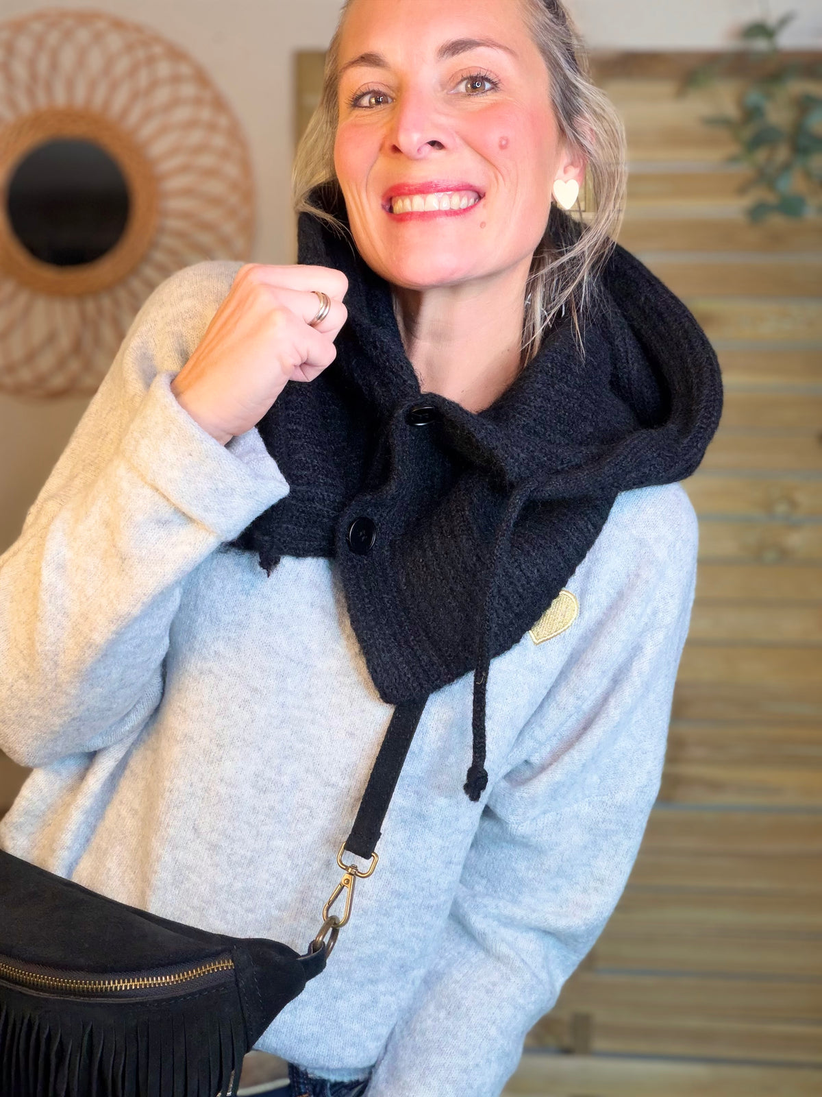 Col cagoule LORIE en maille avec boutons - Noir