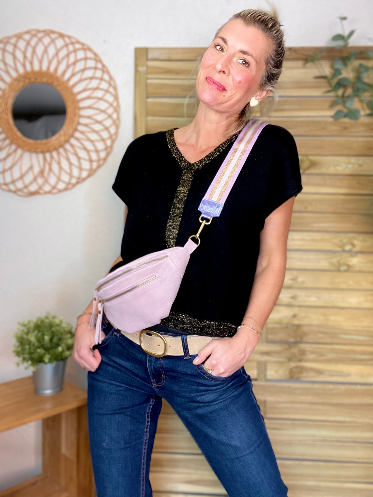 Sac banane double poche en cuir daim - OPALINE - Lilas