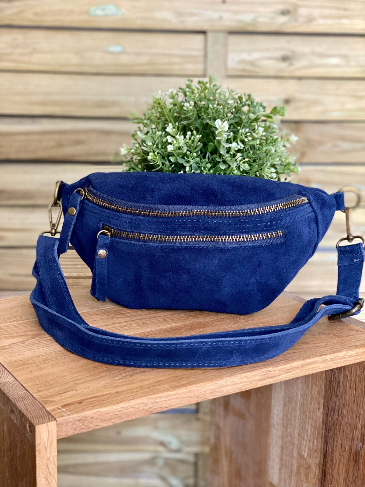 Sac banane double poche en cuir daim - OPALINE - Bleu nuit