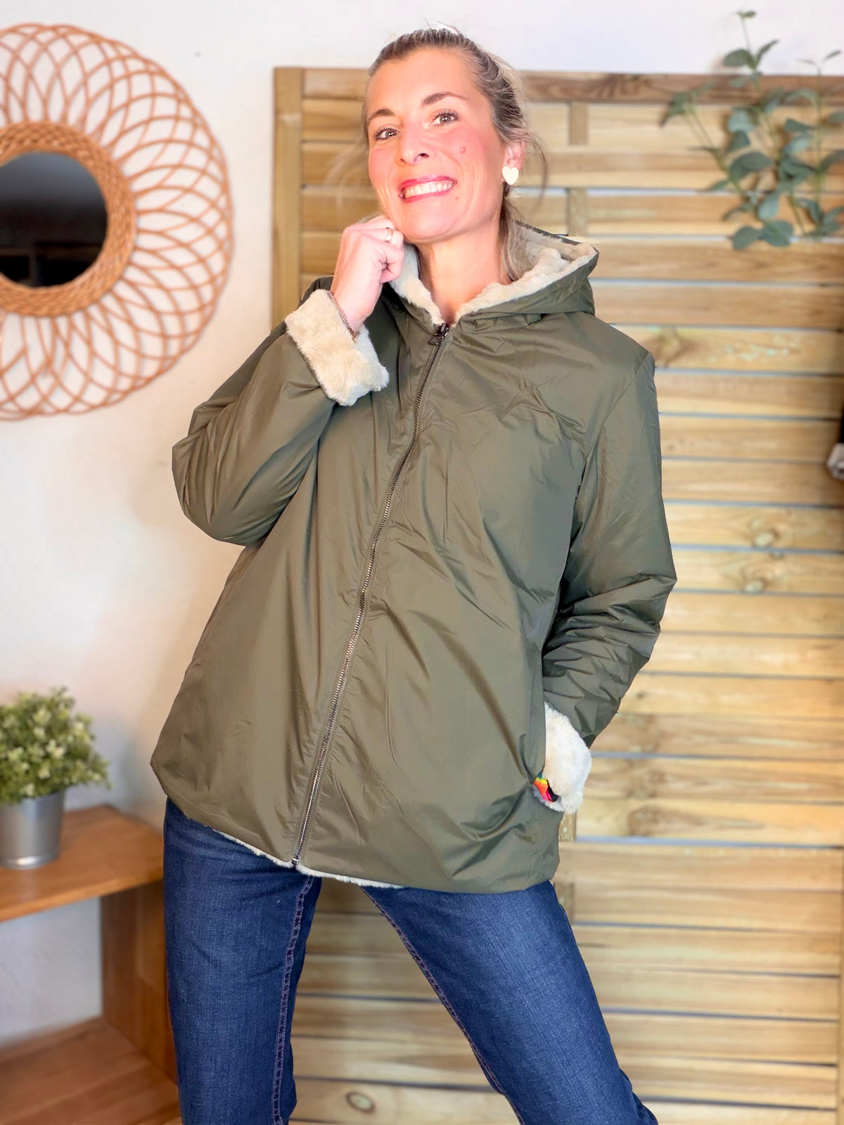 LAURA JO - Parka Imperméable réversible fourrée Kaki / Beige ALIX Court