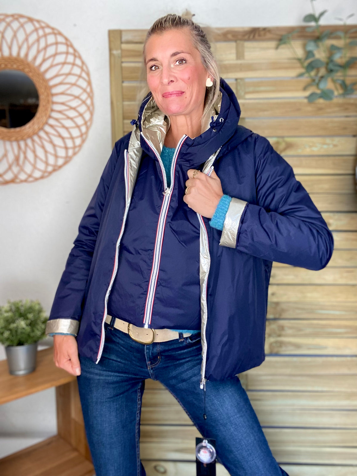 LAURA JO - Col capuche amovible réversible  DANY - Bleu Marine / Doré