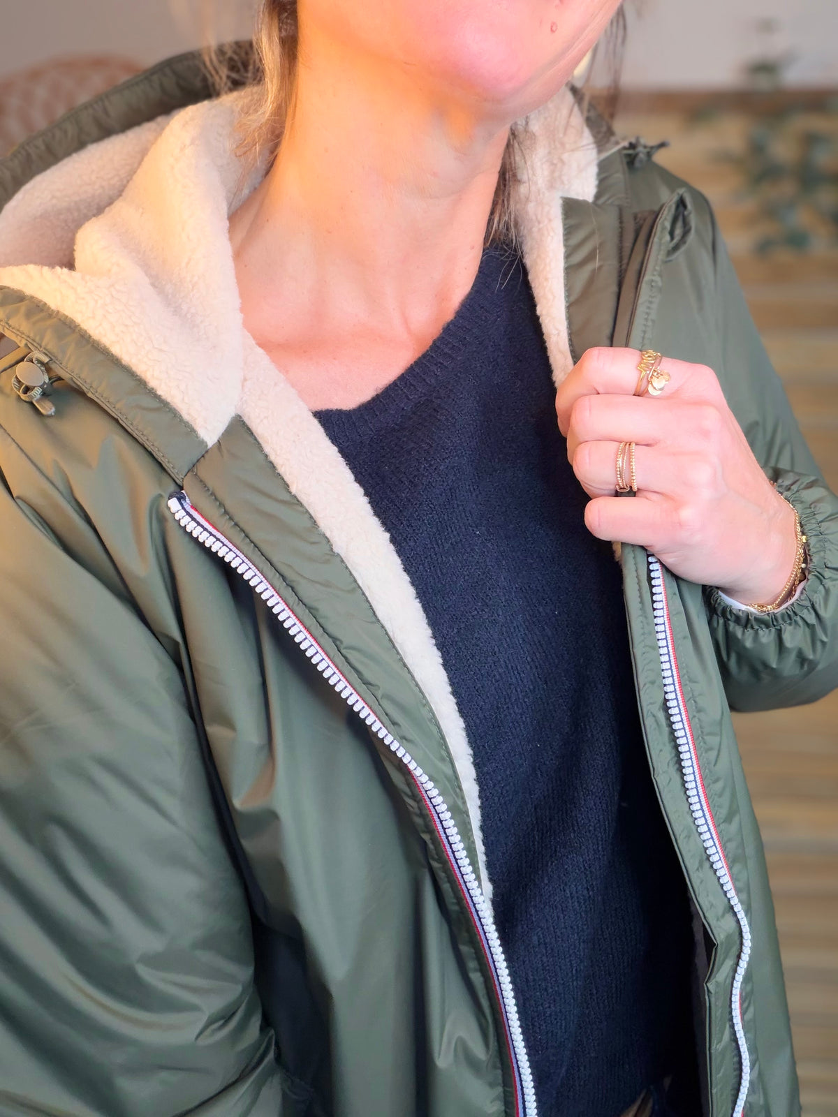 LAURA JO - Parka Imperméable LOUISE LONG Sherpa écru - Kaki • DÉSTOCKAGE sur taille S
