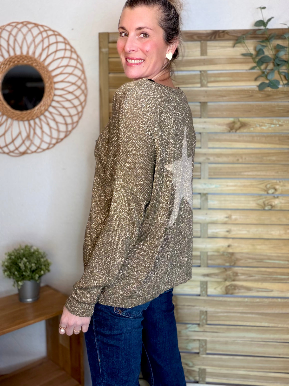 Pull maille lurex et étoile ⭐️ POLLY - Kaki / Doré - FIN DE SÉRIE
