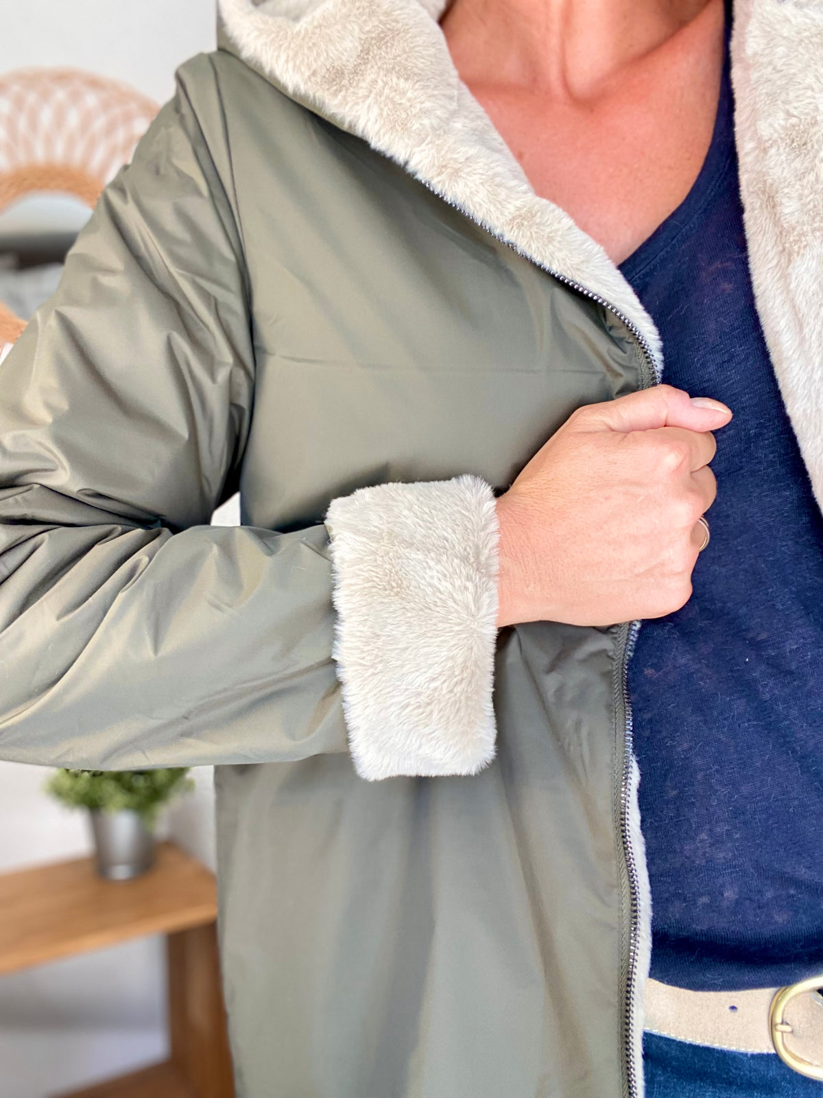 LAURA JO - Parka Imperméable réversible fourrée Kaki / Beige ALIX Long