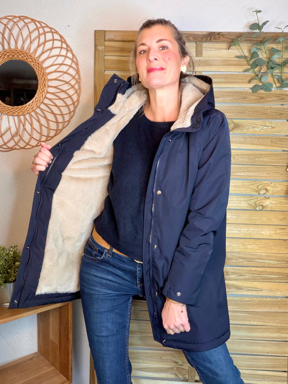 LAURA JO - Parka fourrée imperméable AMBRE LONG - Bleu marine / Beige