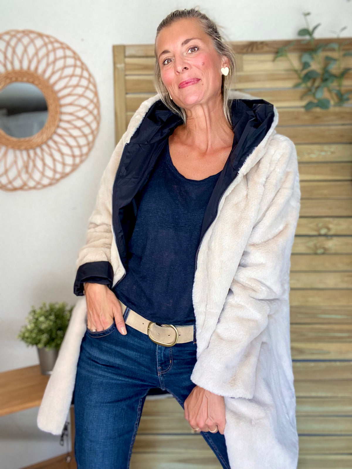 LAURA JO - Parka Imperméable réversible fourrée Noir / Beige ALIX long