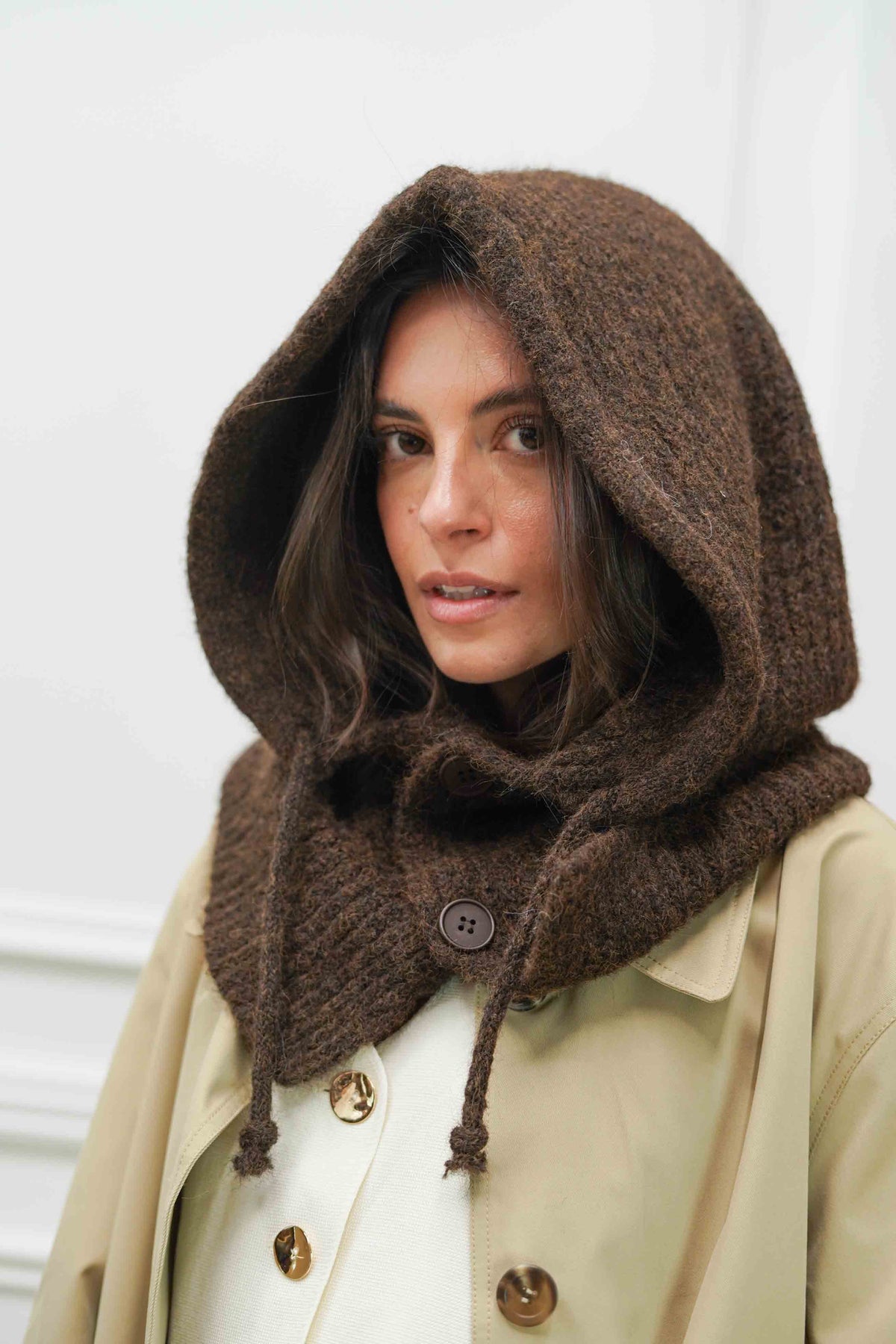 Col cagoule LORIE en maille avec boutons - Chocolat