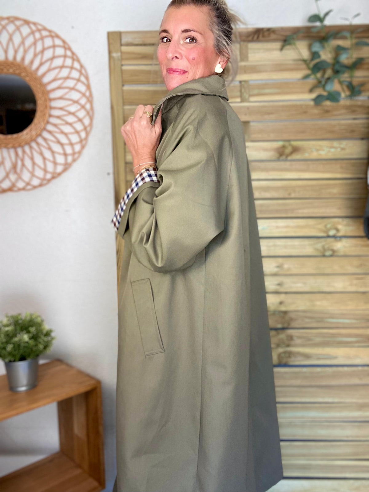 Veste Trench en coton, revers carreaux - YSEULT long Kaki