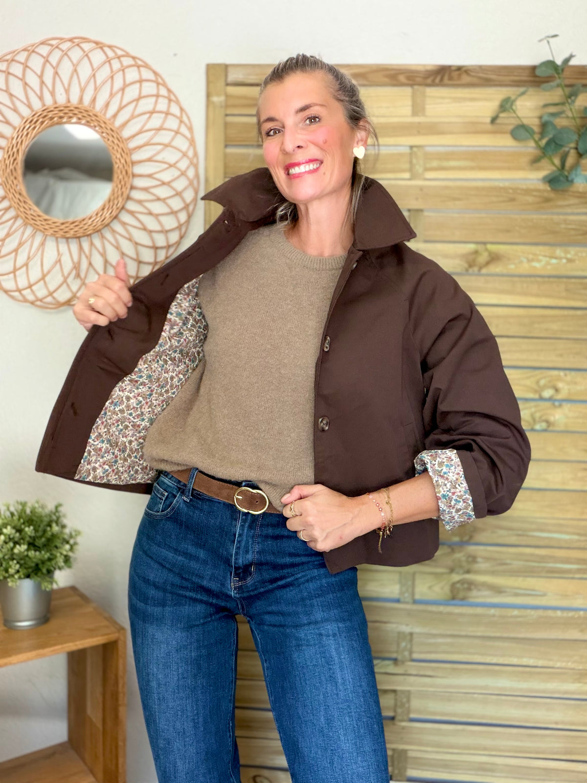 Veste Trench en coton Chocolat avec Liberty - MAHAUT - LILI et LALA