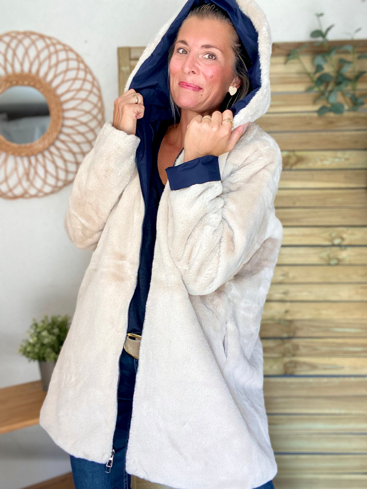 LAURA JO - Parka Imperméable réversible fourrée Bleu marine / Beige ALIX Long