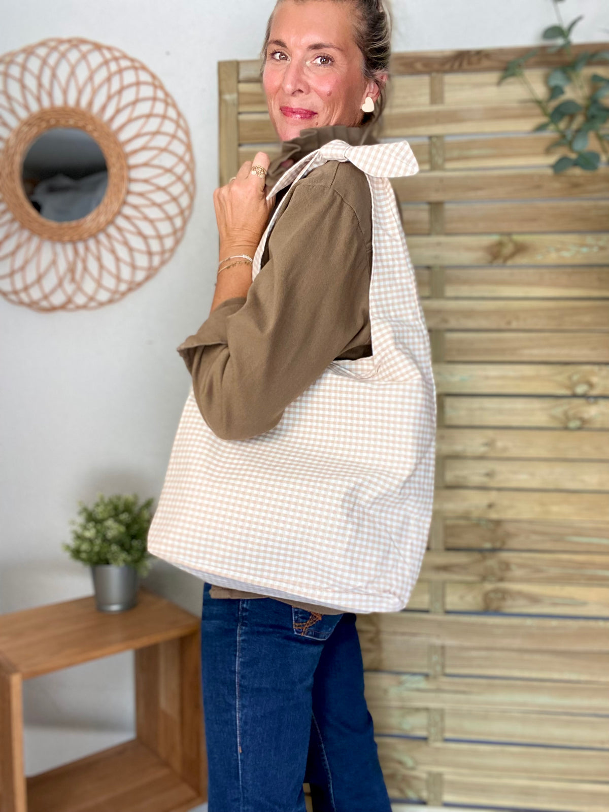 Sac cabas imprimé MEGAN - Vichy beige