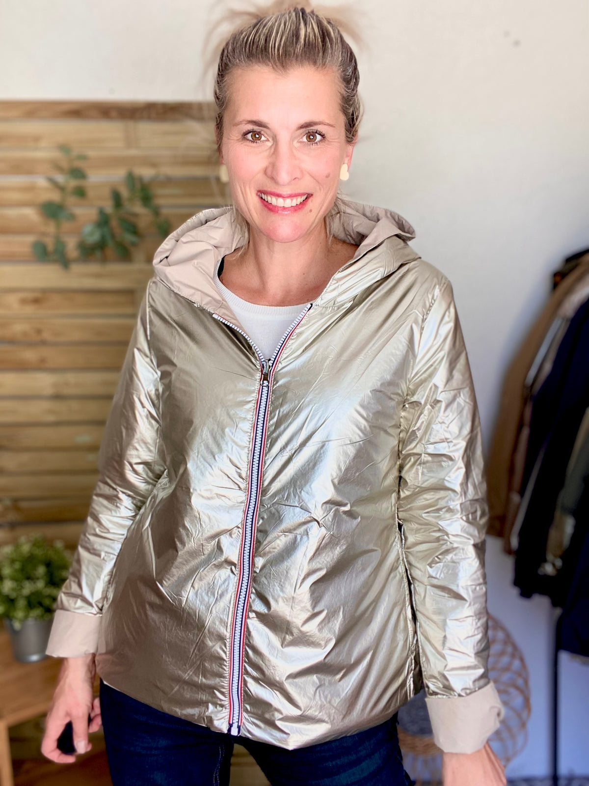 LAURA JO - Imperméable réversible rembourré LOUISON COURT - Beige / Doré • DÉSTOCKAGE sur Taille XL