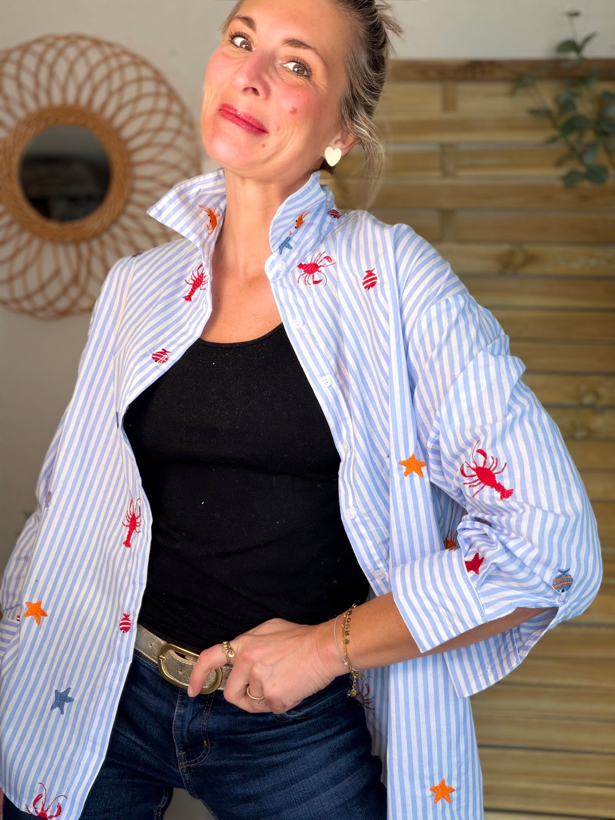Chemise bleue à rayures coquillages et crustacés - ELORY - FIN DE SÉRIE