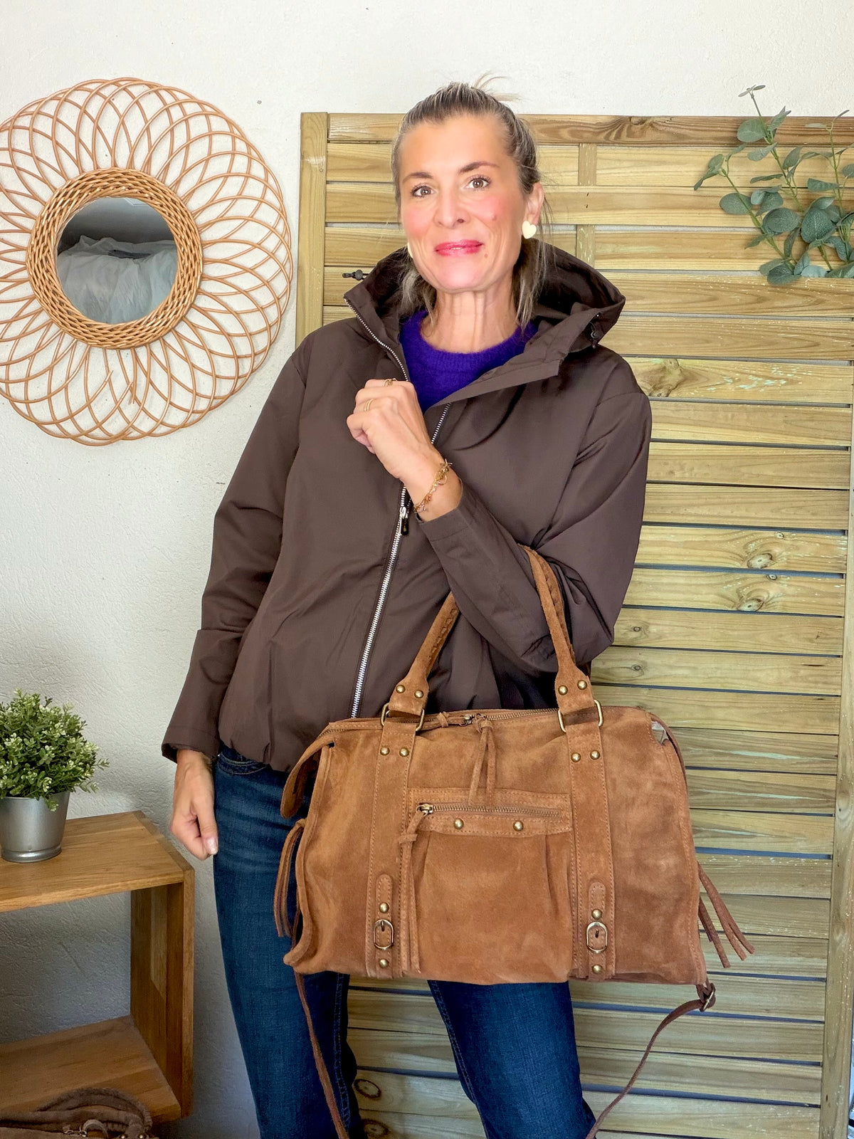 Sac cabas XL en cuir daim • HUNTER Camel