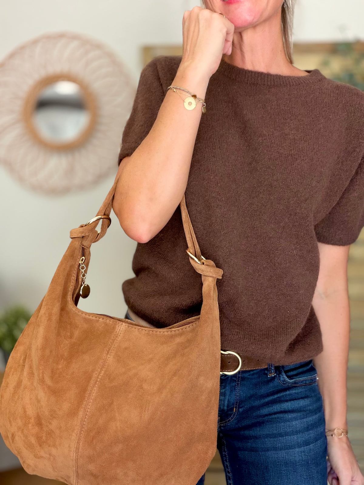 Sac besace hobo en cuir daim souple avec anneaux WILLIAM - Camel