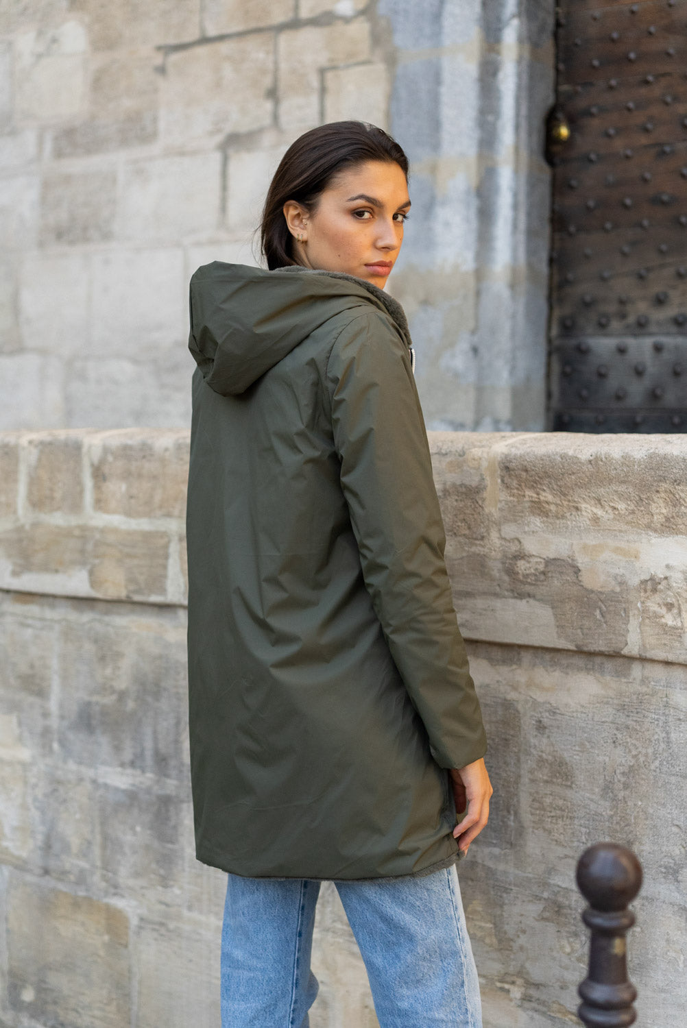 LAURA JO - Parka Imperméable réversible fourrée Kaki / Kaki ALIX Long • DÉSTOCKAGE sur Taille S